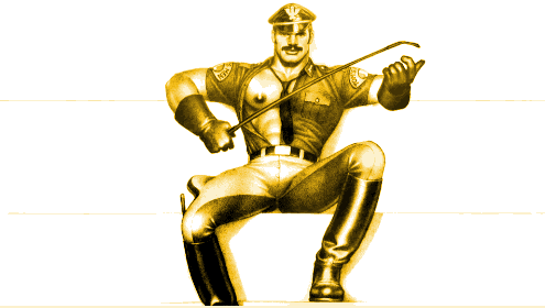 Animated Tom of Finland gif with a leather-clad man holding a whip